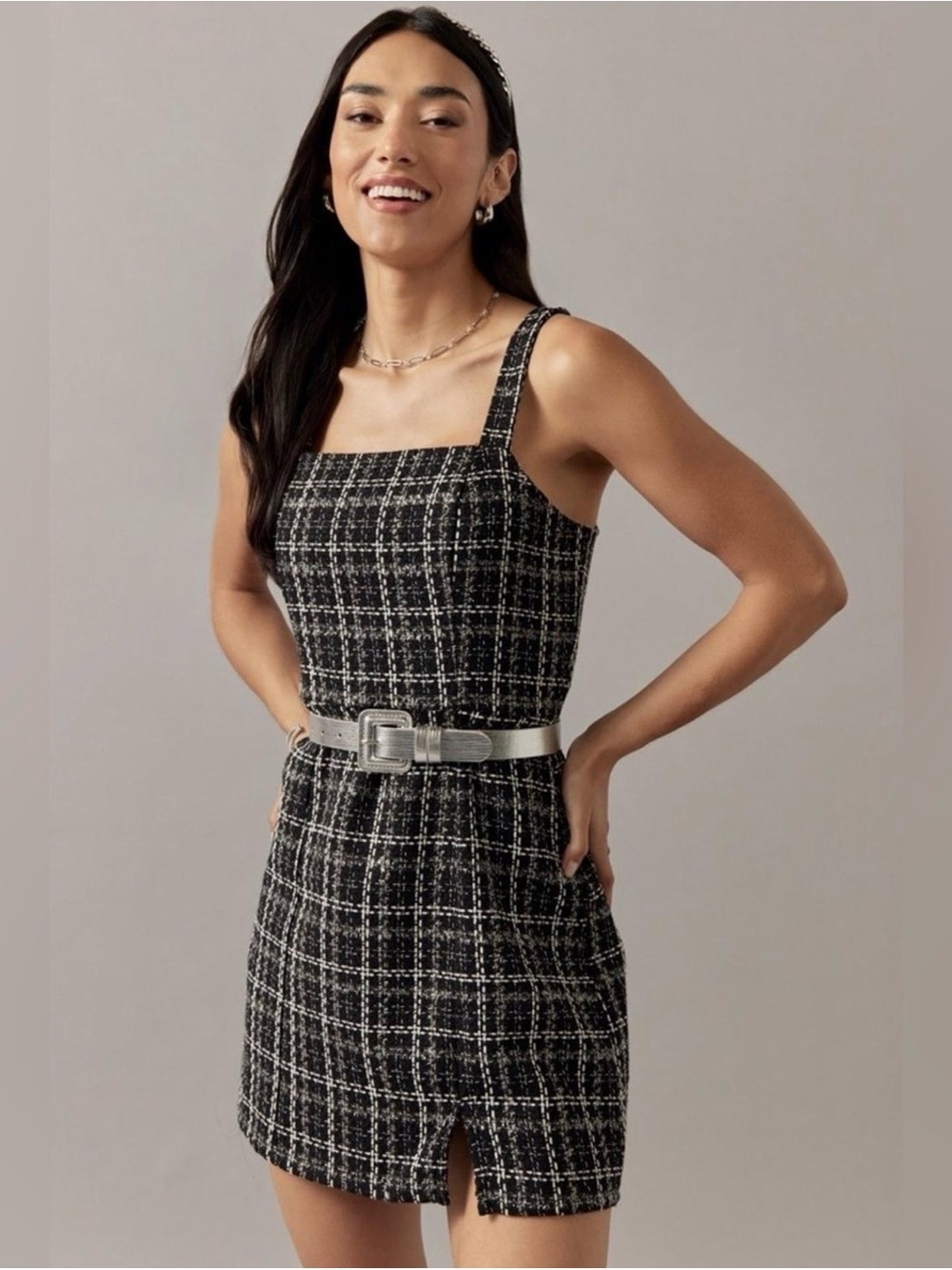 Francesca's Collections Black and White Tweed Square-Neck Mini Dress